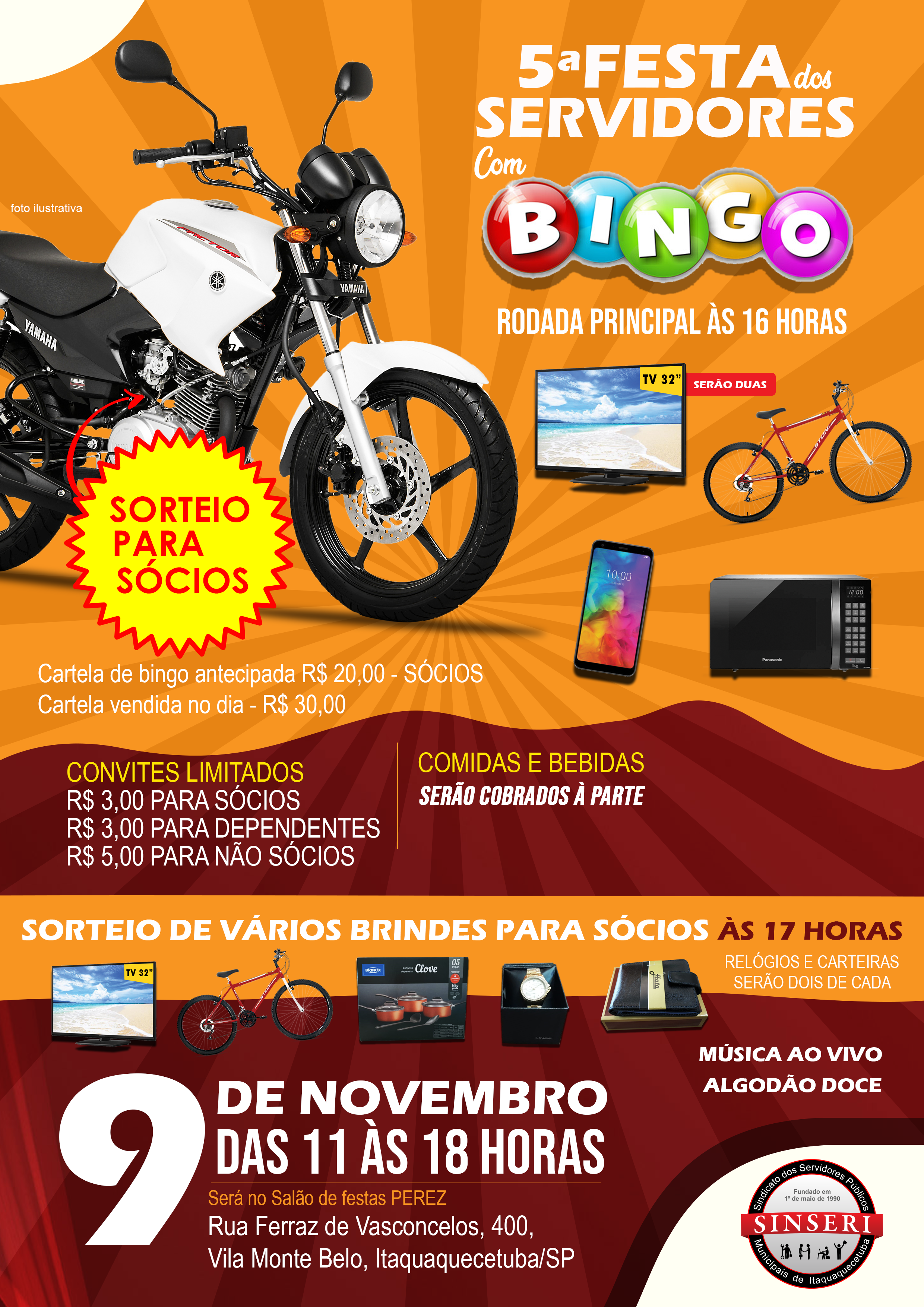 Festa do Servidor sorteará Moto, TV, Bicicleta, Relógio, Carteira