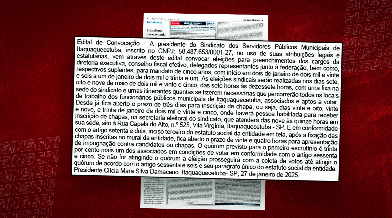 Eleição para renovação da diretoria do Sinseri | Interessados em concorrer podem se inscrever até 30 de janeiro de 2025